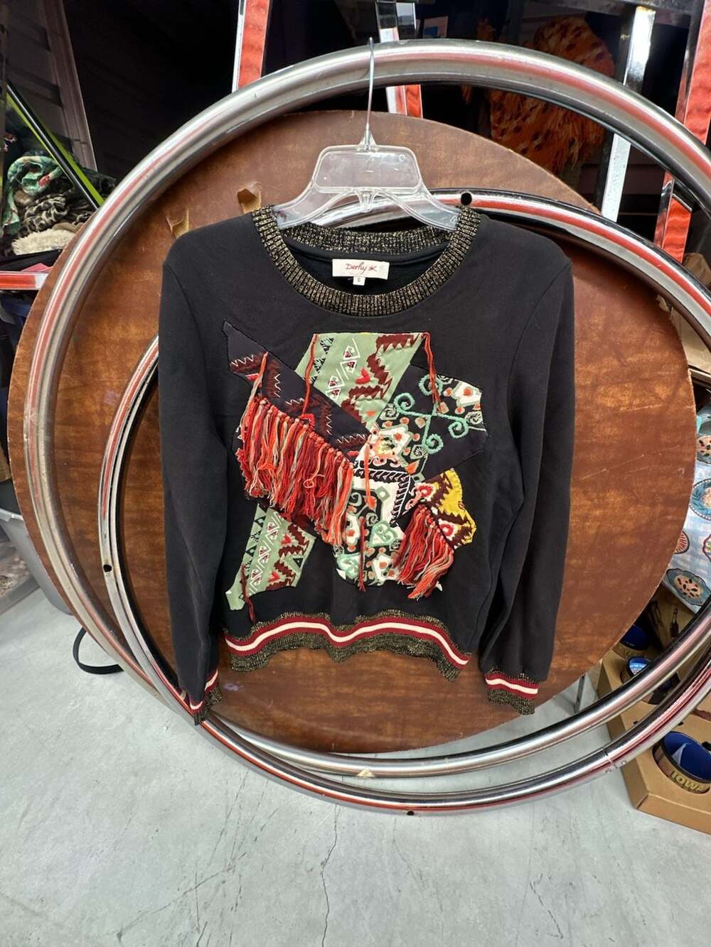 Derhy Black Graphic Patchwork Sweatshirt with Fringe and Metallic Trim